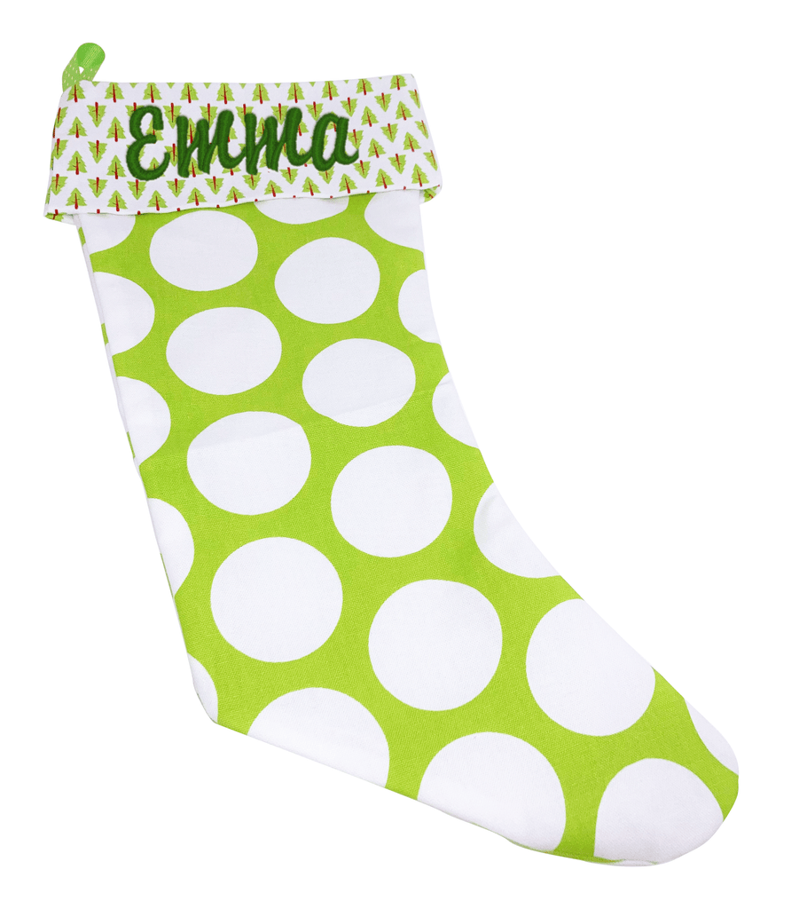 Monograms For Me Embroidered Christmas Stocking - Green Dandy Dot with Trees